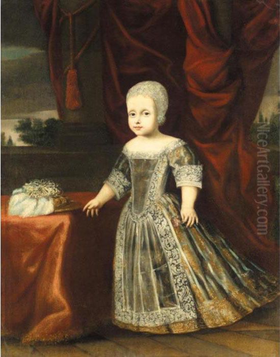 Portrait Of A Young Girl Wearing
 A Grey Embroidered Dress And A White Cap, Holding A Flower In Her Left 
Hand Oil Painting by Justus Sustermans