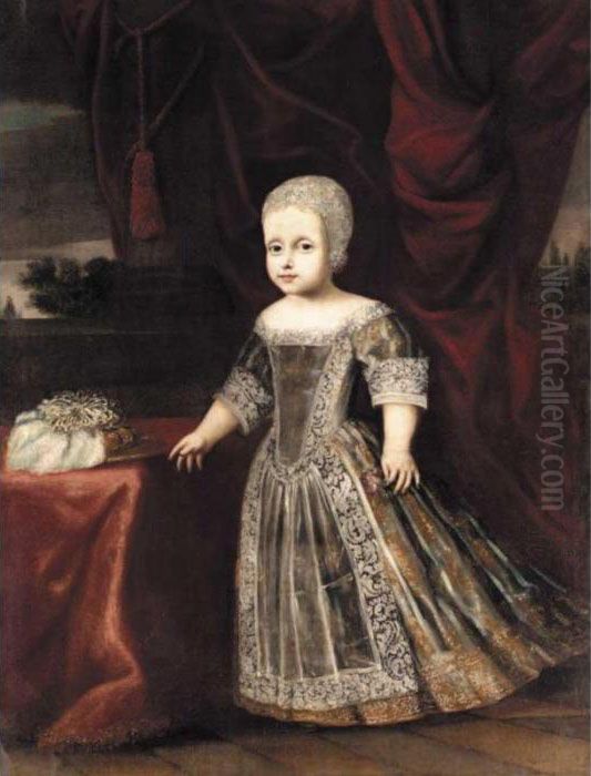 A Portrait Of Young Girl, Full 
Length Standing, Wearing A Grey Embroidered Dress And A White Cap And 
Holding A Flower In Her Left Hand Oil Painting by Justus Sustermans