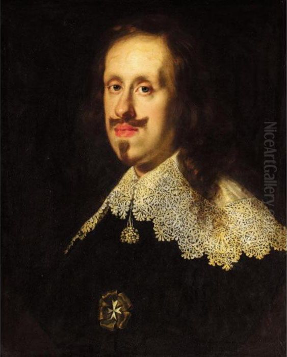 A Portrait Of Giancarlo Di 
Cosimo Ii, Dei Medici, Head And Shoulders, Wearing A Black Coat, A White
 Ruff And The White Cross Of The Order Of Malta Oil Painting by Justus Sustermans
