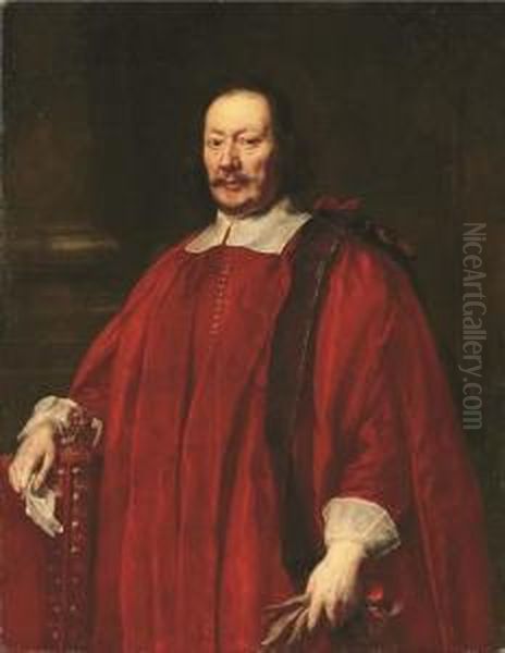 Portrait Of A Gentlemen, 
Three-quarter-length, In Crimson Robes Of Office, Resting His Right Hand
 On A Chair With A Letter, And Gloves In His Left Hand Oil Painting by Justus Sustermans