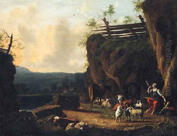A shepherd and his family on a river bank Oil Painting by Dutch School