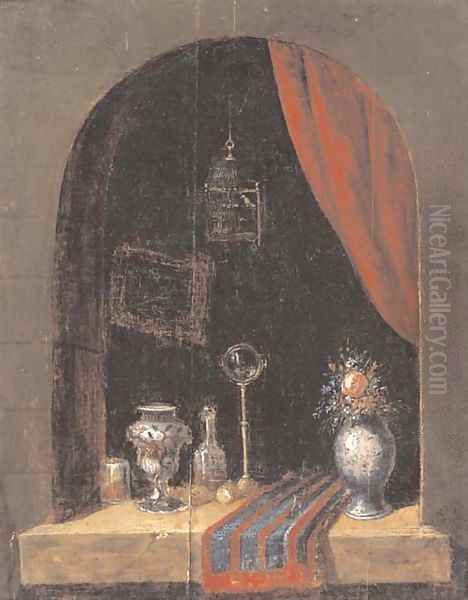 A casement with a bird cage, a vase of flowers, a mirror, an urn and other objects Oil Painting by Dutch School