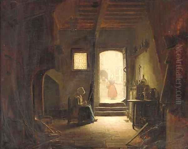 A young girl working in an interior Oil Painting by Dutch School