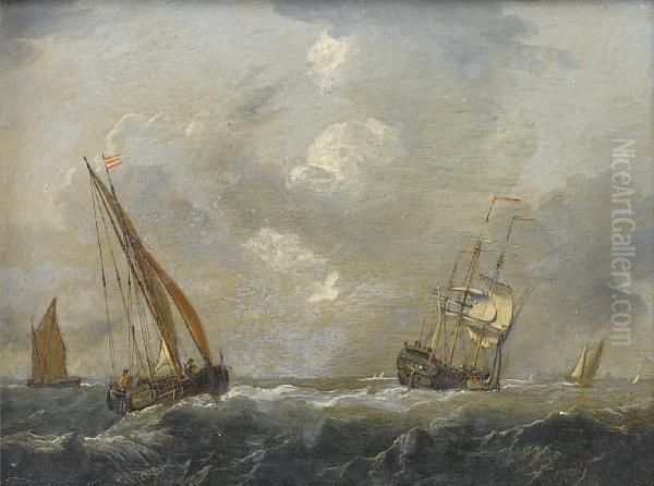 An English Frigate Hove-to And 
Wallowing Inheavy Seas, With Small Craft, Including A Dutch Hoy, Nearby Oil Painting by Francis Swaine