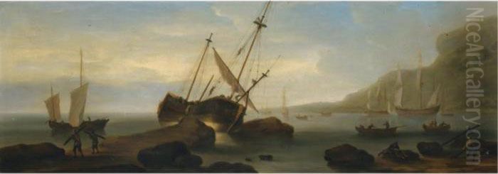 A Ship Run Aground Oil Painting by Francis Swaine