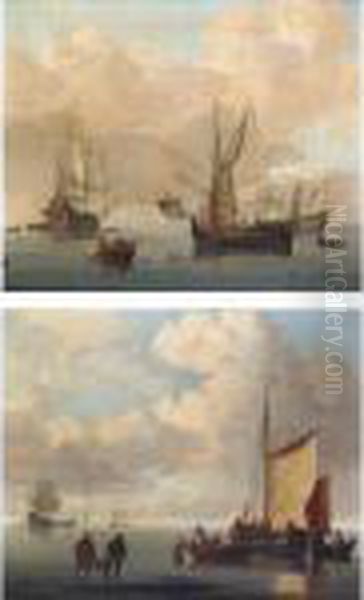 Two Men-of -war At Anchor In A 
Calm; A-man-of War At Anchor With Supplies Being Loaded Into Fishing 
Boats In The Foreground Oil Painting by Francis Swaine