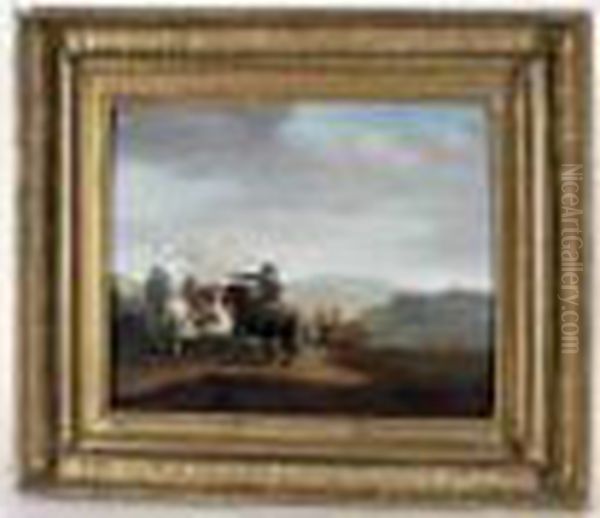 Combat De Cavalerie Paire 
D'huiles Sur Panneau De Noyer. Haut. : 28,5 Cm - Larg. : 35,5 Cm. Cadres
 Dores D'origine En Chene, Les Feuillages En Composition Oil Painting by Joseph Swebach-Desfontaines
