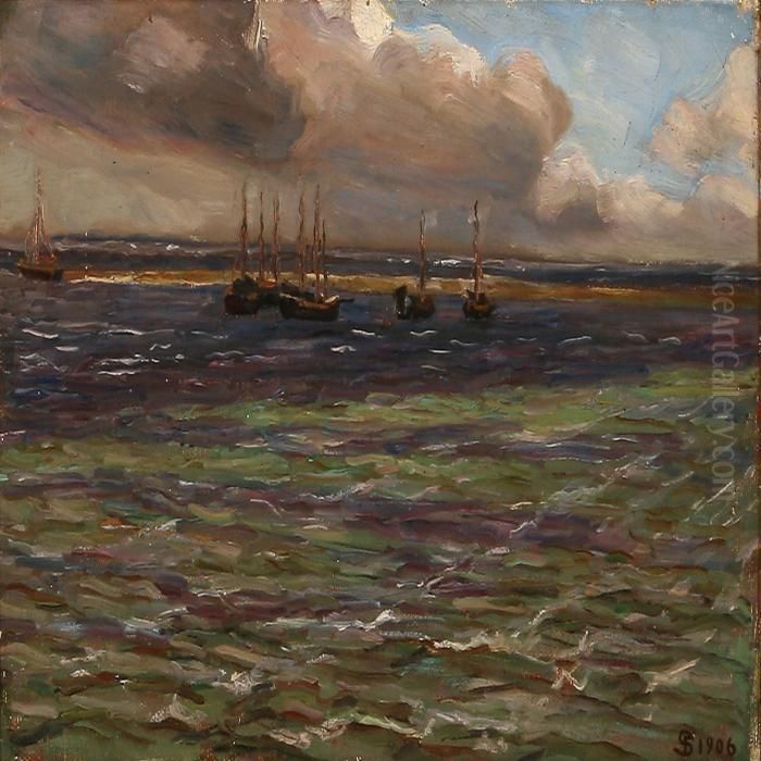 Fiord Scene With Sailing Ships, Presumably At Funen Island Oil Painting by Fritz Syberg