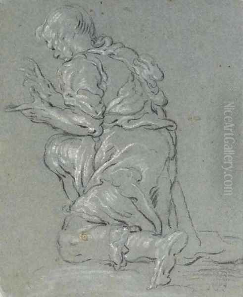 A kneeling figure turned to the left for an Adoration of the Shepherds Oil Painting by Dutch School