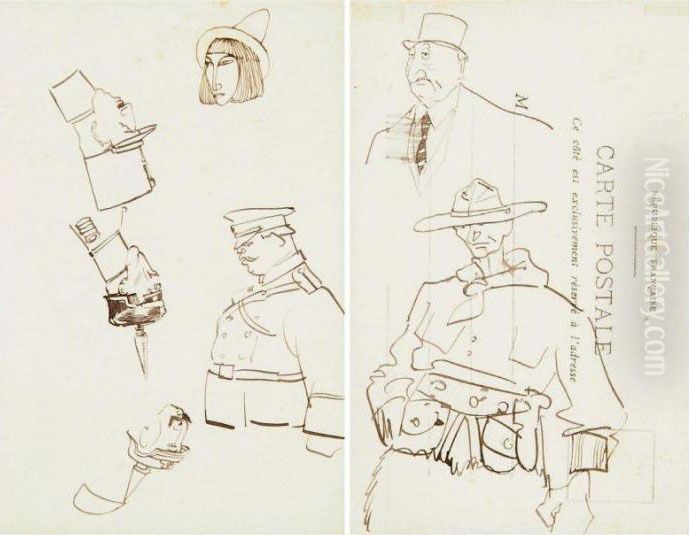 Quatre Tetes De Militaires Et Une Tete De Femme Oil Painting by Arthur Szyk