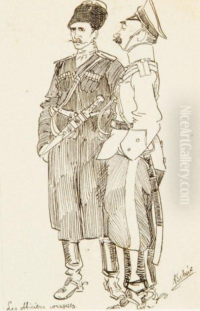 Les Officiers Cosaques Oil Painting by Arthur Szyk