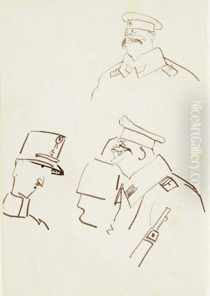 Trois Caricatures De Militaires Oil Painting by Arthur Szyk