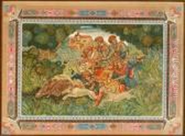 Wild Boars Hunting Oil Painting by Arthur Szyk