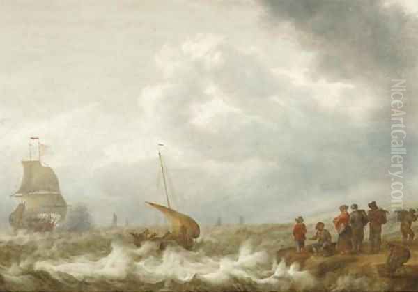 Shipping off the coast in a stiff breeze, figures on the shoreline in the foreground Oil Painting by Cornelis Stooter