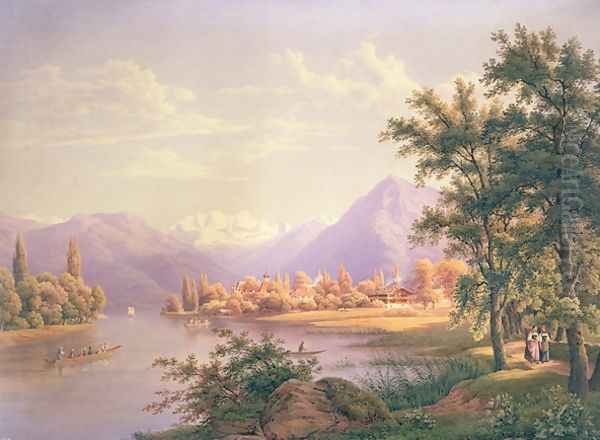 A View of Scherzingen on the Lake of Thun Oil Painting by Jakob Suter