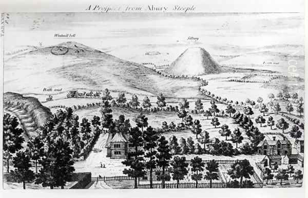 View from Avebury steeple of Silbury Hill, illustration from Stonehenge a Temple Restored to the British Druids by William Stukeley, 1740 Oil Painting by William Stukeley
