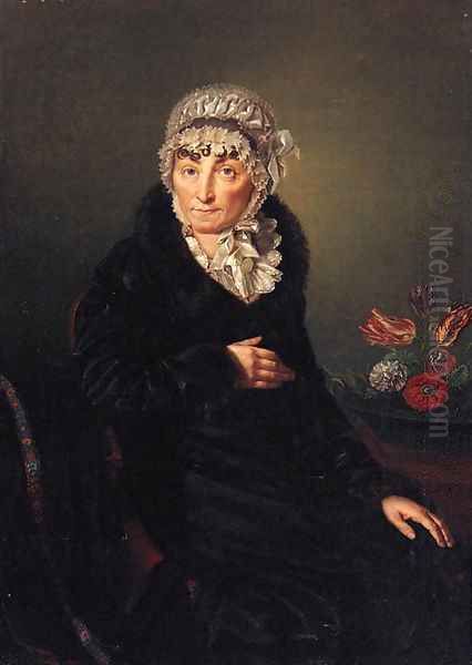 Portrait of a Lady, seated, three-quarter-length, in a black coat and white lace bonnet, by a basket of flowers Oil Painting by German School