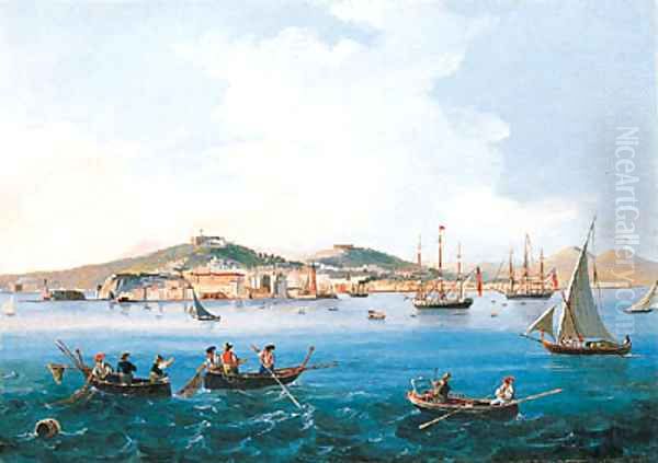 A view of Naples from the Sea looking towards the Castel dell'Ovo Oil Painting by Neapolitan School