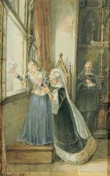 Interieur Im Stil Des 16. 
Jahrhunderts Mit Einer Vom Fenster Winkenden Jungen Dame, Einer Alteren 
Dame Und Einem Im Hintergrund Stehenden Herrn. Oil Painting by Herman Frederik Carel ten Kate