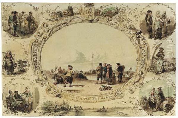 Souvenirs Des Pays Bas 1854; 
Eight Dutch Scenes Arranged In Acartouche, Including Fishermen On The 
Beach, Skaters On The Ice,market Scenes, A Milkmaid, Figures In A 
Tavern, A Fisherman And Hiswife Dancing, And A Sailor In The Orient Oil Painting by Herman Frederik Carel ten Kate