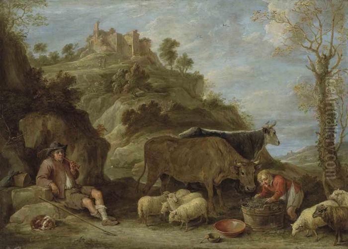 A Mountainous Landscape, A 
Shepherd With His Flock And A Milkmaidwith Cattle, A Hilltop Town Beyond Oil Painting by David The Younger Teniers