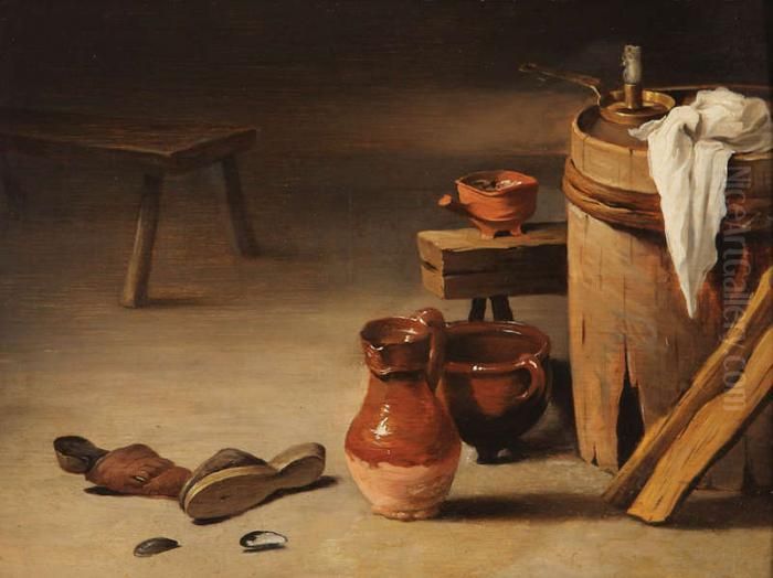 Omgeving 
Boerenstilleven Met Pantoffels, Mosselschelpen, Kruik, Pot Enkaarsenpan Bij Ton En Bankjes Oil Painting by David The Younger Teniers