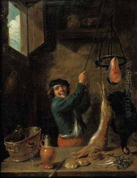 A Kitchen Interior With A 
Peasant Holding A Hare, A Partridge And Afillet Of Salmon By A Rope Oil Painting by David The Younger Teniers