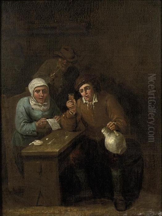 Two Men And A Women Drinking And Playing A Game At A Table In Aninn Oil Painting by David The Younger Teniers