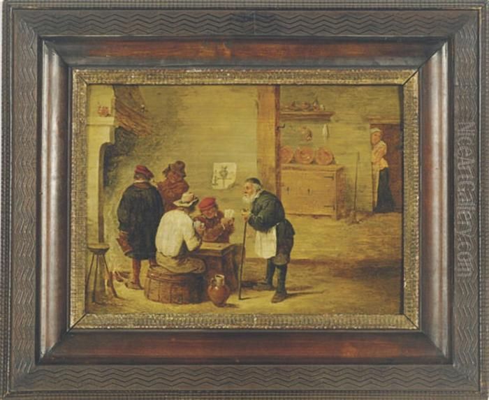 Playing Cards In A Tavern Interior Oil Painting by David The Younger Teniers
