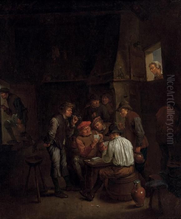 Boors Playing Cards In A Tavern Oil Painting by David The Younger Teniers
