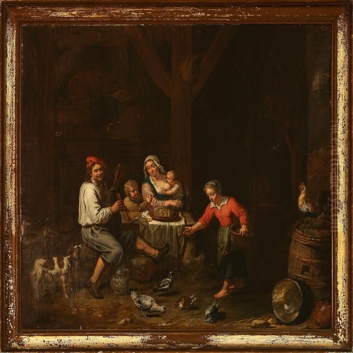 Feeding The Chickens Oil Painting by David The Younger Teniers