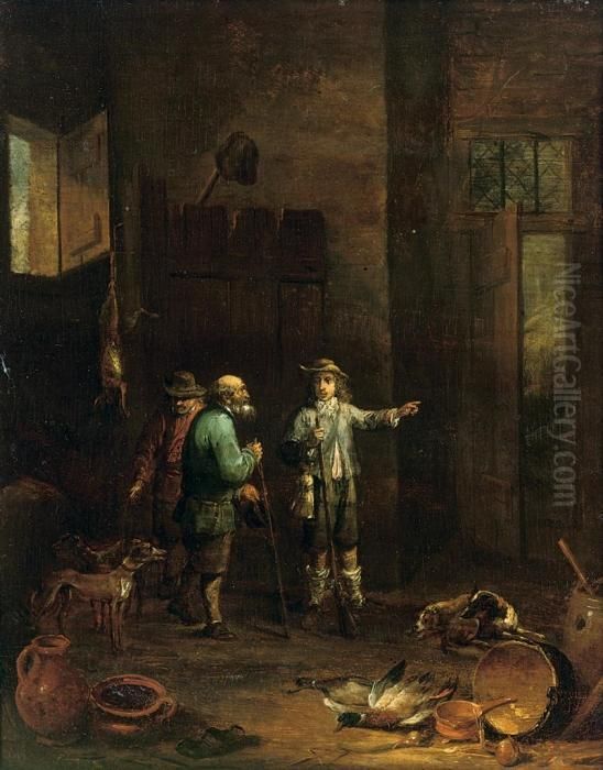 Huntsmen And Hounds In A Stable Interior Oil Painting by David The Younger Teniers