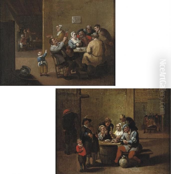 Boors Smoking, Drinking And 
Singing In An Interior; And Boors Drinking And Playing Cards In An 
Interior Oil Painting by David The Younger Teniers