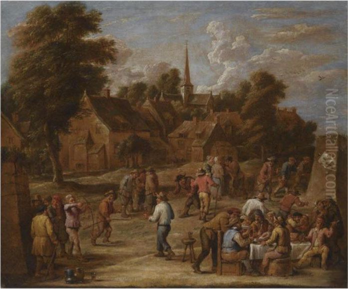 A Village Kermesse With Peasants
 Making Merry And Shooting With Bow And Arrow, A View Of A Church In The
 Background Oil Painting by David The Younger Teniers