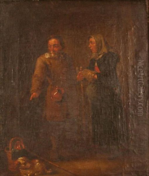 Interior Scene With An Elderly 
Couple In Conversation Looking Towards A Spaniel And A Basket Oil Painting by David The Younger Teniers