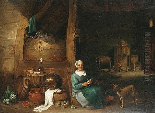 A Woman Peeling Apples In An Interior Oil Painting by David The Younger Teniers