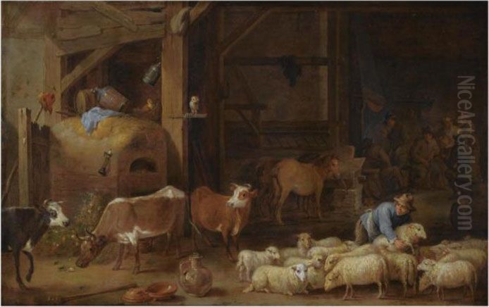 A Barn Interior With A Peasant 
And His Flock Of Sheep And Cattle, Agroup Of Peasants Drinking And 
Smoking In The Background Oil Painting by David The Younger Teniers