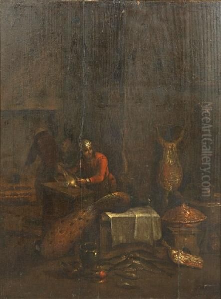 An Interior Scene With A Figure At A Tablecleaning Fish And Game Oil Painting by David The Younger Teniers