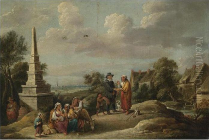 A Landscape With A Gypsy Telling A Man's Fortune In The Foreground Oil Painting by David The Younger Teniers