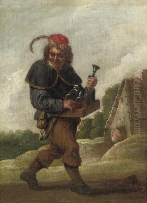 A Pedlar On A Track, Carrying 
His Goods In A Case In Front Of His Belly, A Peasant At The Door Of A 
Cottage Beyond Oil Painting by David The Younger Teniers