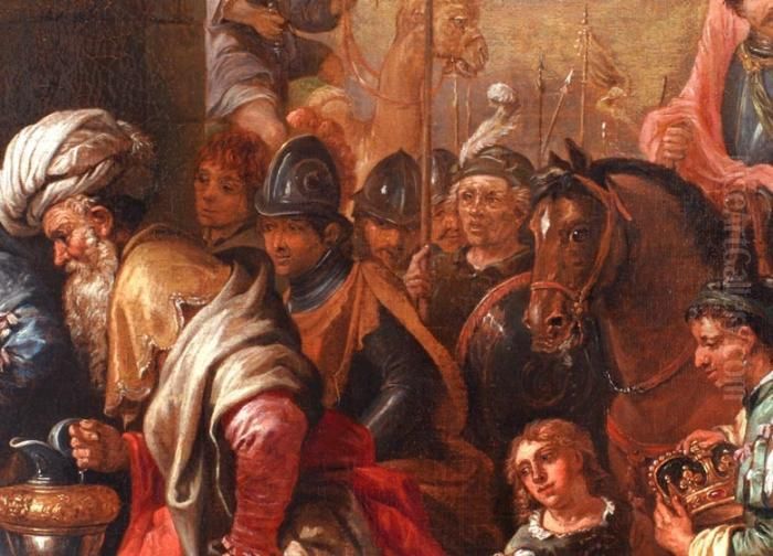Anbetung Der Konige
 Das Bildthema Behandelt Die Anbetung Der Konige, Die Dem Jesuskind Ihre
 Gaben Darbringen. Die Heilige Familie Und Die Heiligen Drei Konige 
Befinden Sich
 Vor Einem Gebaude, Schaulustige Und Soldaten Beobachten Die Szene. Die 
D Oil Painting by David The Younger Teniers