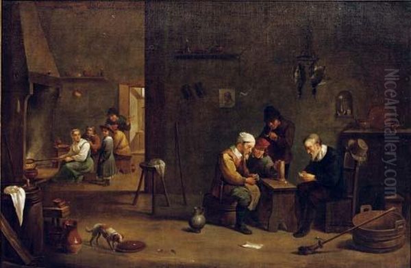 Peasants Playing Cards, Smoking 
And Drinking In An Interior, A Woman And Children By A Fireplace In The 
Background Oil Painting by David The Younger Teniers