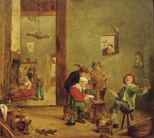 Peasants Reading A Letter, Drinking And Smoking In An Inn, Figures By A Fireplace Beyond Oil Painting by David The Younger Teniers