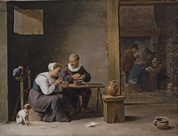 A Man And Woman Smoking A Pipe, 
Seated In An Interior, With Peasants Playing Cards Beyond Oil Painting by David The Younger Teniers
