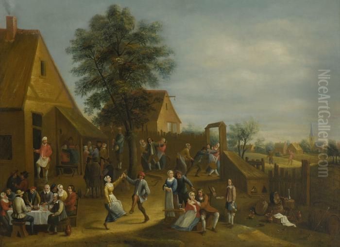 Kirchweihfest In Einer
 Hollandischen Kleinstadt - Bauern Vor Der Schenke Oil Painting by David The Younger Teniers