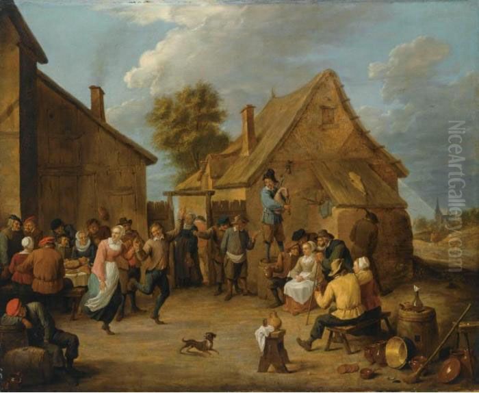 Peasants Dancing, Eating And 
Drinking Outside An Inn, With A Man Standing On A Barrel And Playing The
 Bagpipe To The Centre Right Oil Painting by David The Younger Teniers