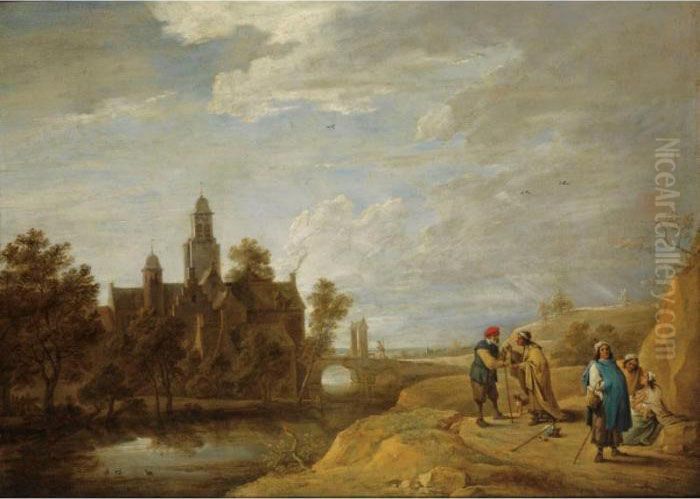 A Wooded Dune Landscape With 
Fortune-telling Gypsies And An Old Man With His Dog On A Path In The 
Foreground, A Fortified Castle With A Church And A Bridge Near A Stream 
In The Background Oil Painting by David The Younger Teniers