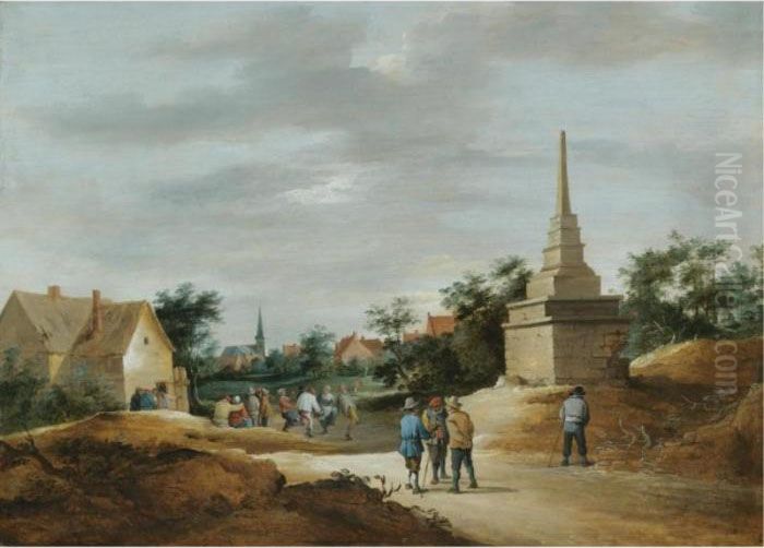 A Village Scene With Boors 
Conversing In The Foreground And Figures Dancing In The Background Oil Painting by David The Younger Teniers