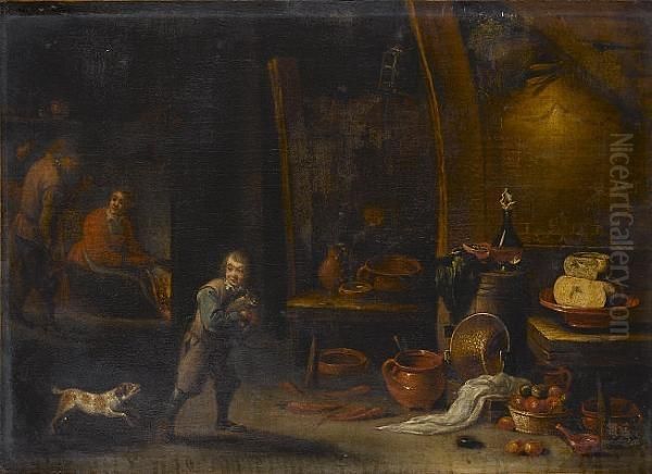 A Kitchen Interior With A Boy 
Holding A Cat In The Foreground, A Maid Cooking Beside A Fire And Other
 Figures Beyond Oil Painting by David The Younger Teniers