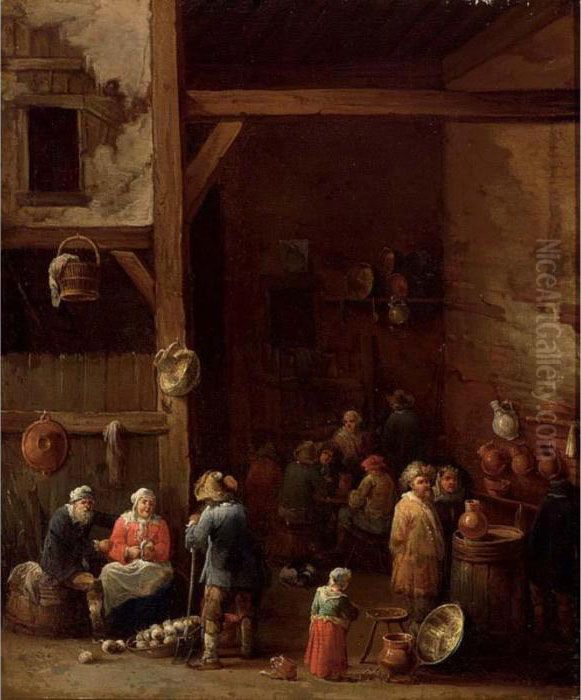 An Interior Of An Inn With A 
Woman Cleaning Turnips, A Little Girl Standing Near An Earthenware Pot 
And A Copper Bowl And Peasants Drinking In The Background Oil Painting by David The Younger Teniers